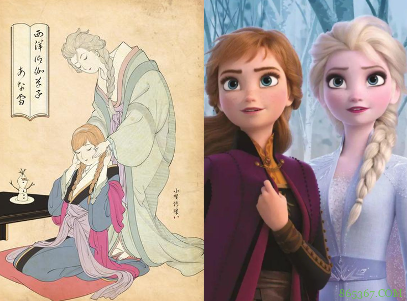 迪士尼公主变成传统日式画风,艾莎女王带着妹妹,白雪公主变艺伎