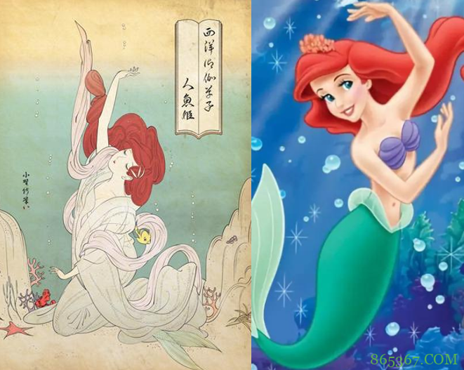 迪士尼公主变成传统日式画风,艾莎女王带着妹妹,白雪公主变艺伎