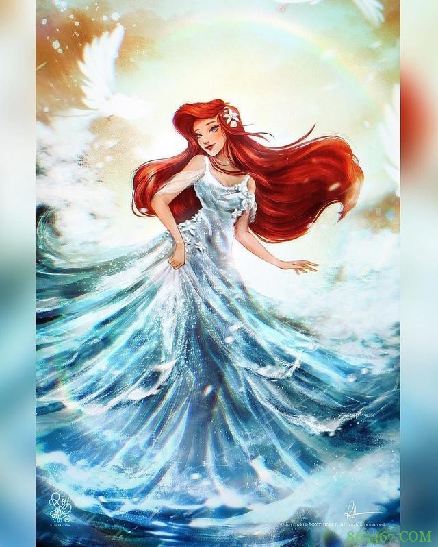 迪士尼公主化身女神，花木兰身穿锦绣华服，美人鱼居然以水做裙