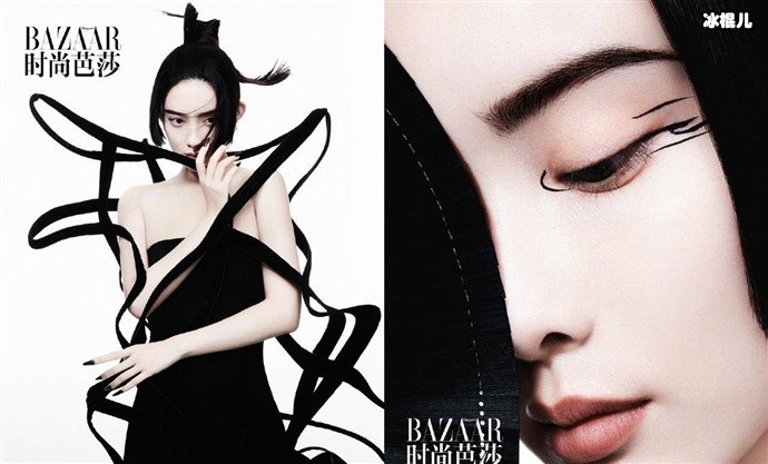 孟子义《时尚芭莎》国颜美妆大片,黑白简约演绎别样东方美学