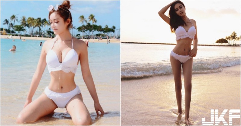 「長腿美乳正妹」沙灘出沒！白色比基尼大秀「修長美腿」！這身材比例太優！