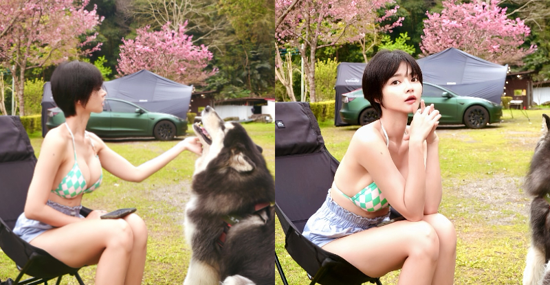 鹿林道見性感女孩「A栗」，「露營穿比基尼」逗愛犬畫面超療癒