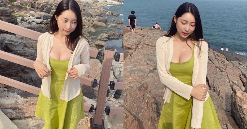 放風囉！岸邊踏青遇見「超性感小姐姐」，低胸小洋裝讓畫面好洶湧啊！