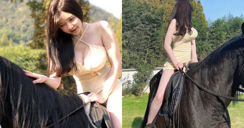 「白嫩巨乳妹」挑戰騎馬，超短洋裝秀大奶雪腿！笑問：在馬上可以震嗎？